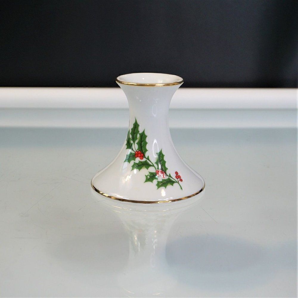Christmas Holly Berry Candle Holder Gold Trim Vintage MCM Japan